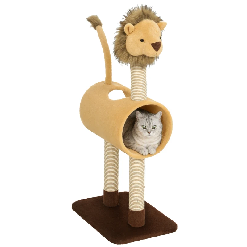 PawHut Arbre à chat 104 cm design lion, poteaux à griffer, tunnel, queue suspendue jusqu'à 7 kg, brun clair
