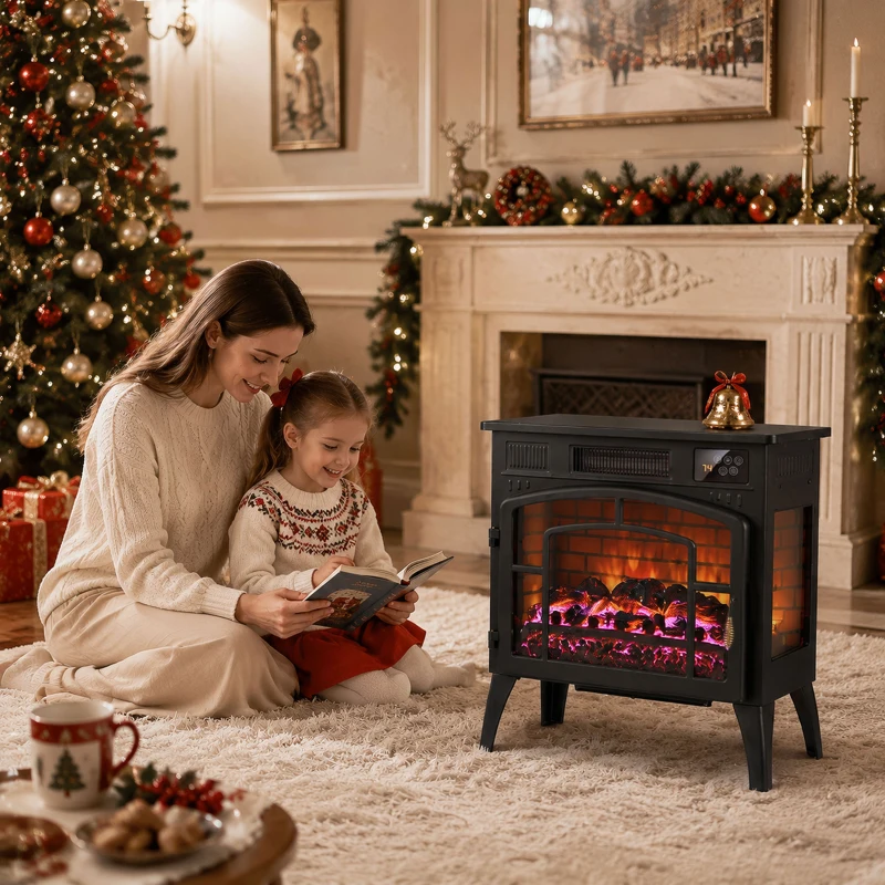 HOMCOM Chimenea Eléctrica 1000/2000 W con Efecto Llama 3 Vistas Termostato Wifi 5 Colores Temporizador 12h Negro