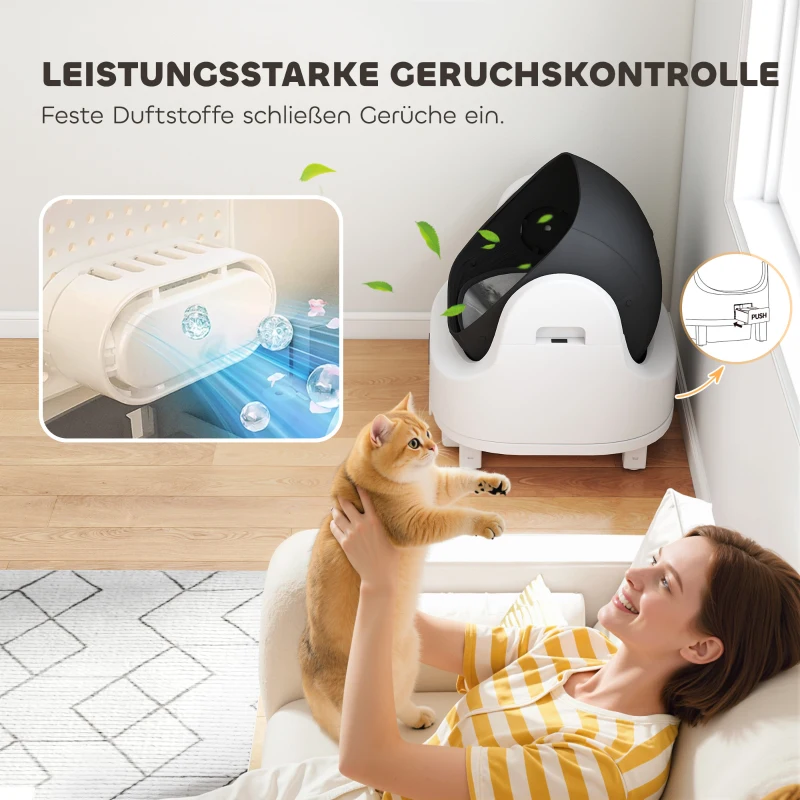 PawHut Selbstreinigende Katzentoilette, 42L Katzenklo Selbstreinigend mit Aromatherapie, Müllbeutel, Geruchsbeseitigung 1-5 kg