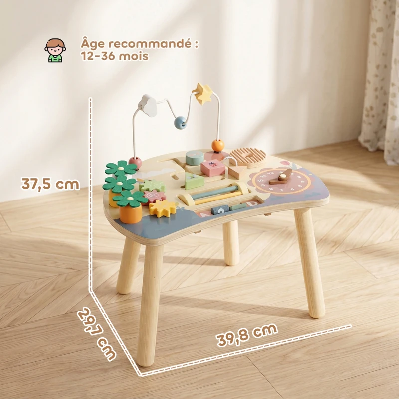 AIYAPLAY Table d'Activités en Bois pour Bébé 1-3 Ans 6 en 1 avec Engrenages, Labyrinthe de Perles, Horloge Rotative et Carottes