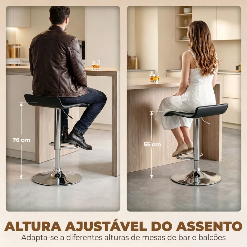 HOMCOM Conjunto de 2 Bancos de Bar Giratórios Bancos Altos de Cozinha com Altura Ajustável 62-83 cm com Encosto e Apoio para os Pés Preto