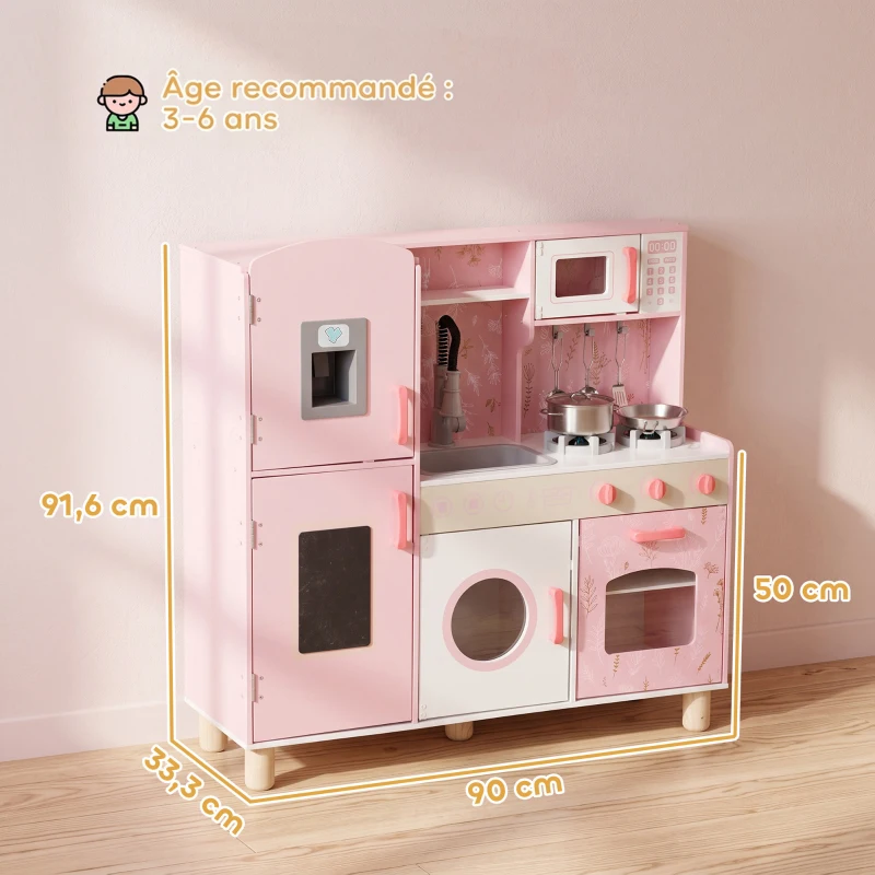 AIYAPLAY Cuisine Enfant avec Glaçons, Micro-ondes, Four, Plaque, Évier, Machine à Laver, Tableau, 90x 33,3x91,6cm, Rose