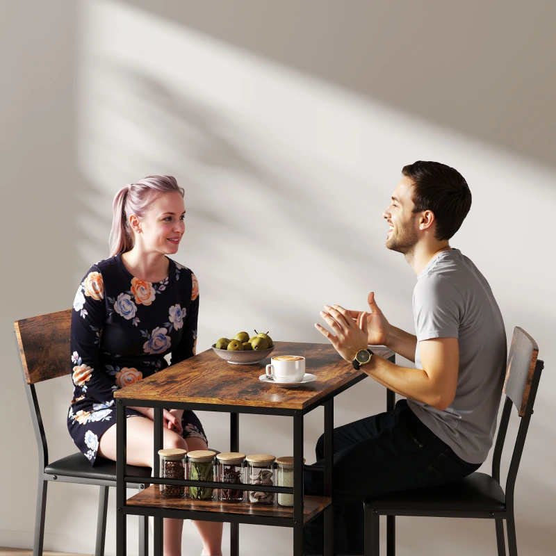 HOMCOM Conjunto Mesa de Bar com 2 Bancos, Mesa Alta para Cozinha e 2 Cadeiras de Bar Estofadas em PU, Castanho Rústico