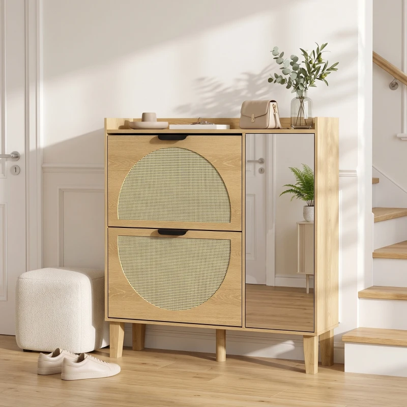 HOMCOM Pantofar Îngust Boem cu Oglindă 2 Uși din Ratan Dulap 10 Perechi Rafturi Reglabile 94,5x24x96,5 cm Stejar