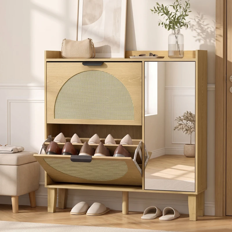HOMCOM Pantofar Îngust Boem cu Oglindă 2 Uși din Ratan Dulap 10 Perechi Rafturi Reglabile 94,5x24x96,5 cm Stejar