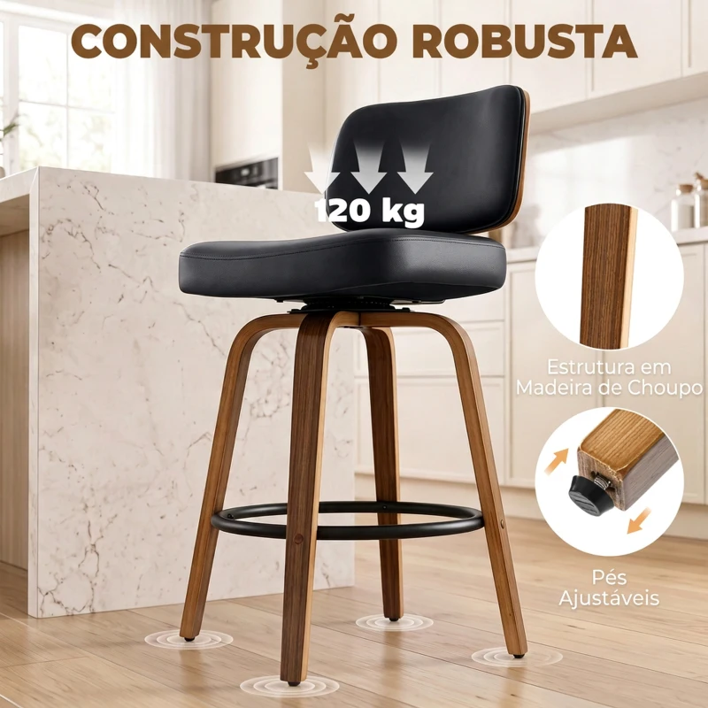 HOMCOM Bancos de Bar Giratórios 360° em Pele Sintética PU com Pernas de Madeira Curvas, Encosto Acolchoado e Apoio para os Pés, 44x49x95 cm, Preto