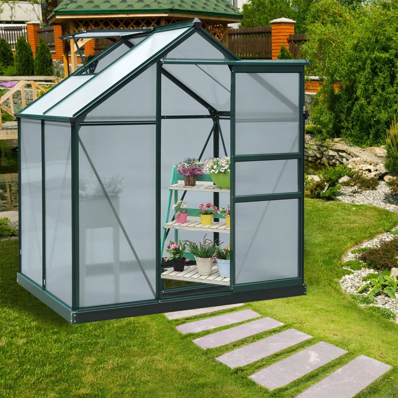 Outsunny 6 x 4ft Polycarbonate Greenhouse, Large Walk in Green House with Slide Door and Window, Garden Plants Grow House with Aluminium Frame and Foundation, Dark Green