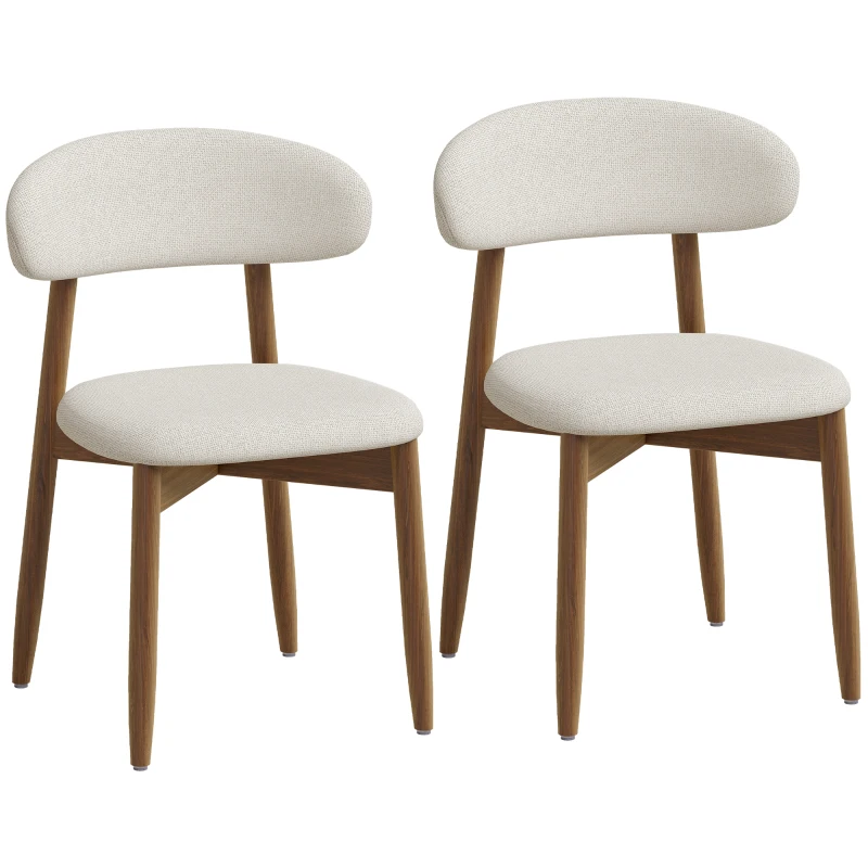 HOMCOM Lot de 2 Chaises de Salle à Manger Tapissées en Lin Sans Accoudoirs Dossier Incurvé Pieds en Bois de Caoutchouc Crème