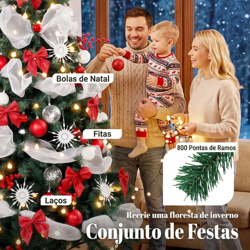 HOMCOM Árvore de Natal Artificial 180 cm com Luzes 800 Pontas 200 LED Controlo Remoto e 8 Modos