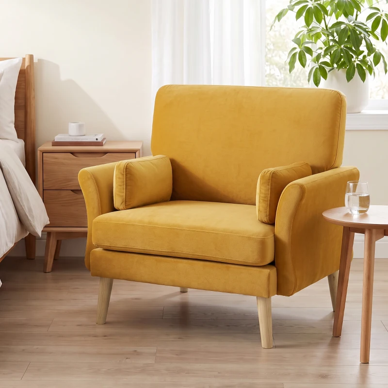 HOMCOM Fauteuil rembourré en velours, fauteuil d'appoint surdimensionné avec pieds en bois, fauteuil de lecture pour salon et chambre, Jaune