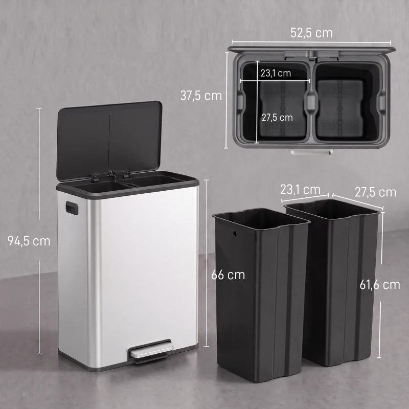 HOMCOM Papelera de Cocina 2 x 30 L, Cubo a Pedal en Acero Inoxidable con Cubos Extraíbles y Tapa con Cierre Amortiguado, Plateado