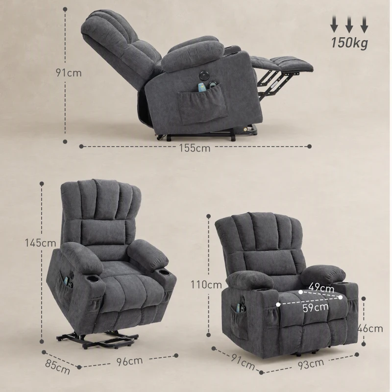 HOMCOM Sillón Relax Reclinable Eléctrico Levanta Personas con Masaje y Calor Lumbar Asiento con Muelles Puerto USB de Chenilla