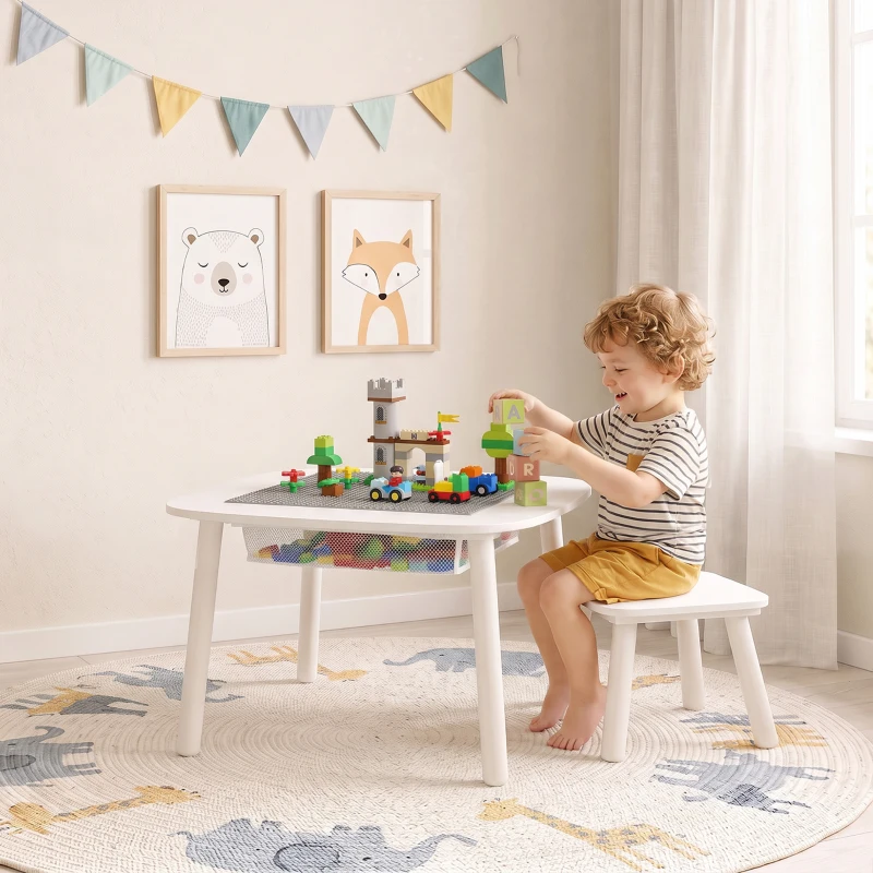AIYAPLAY Bureau et Chaise pour Enfant 2 Pièces avec Plateau de Construction en Briques et Sac en Filet, 3 à 6 Ans, Blanc