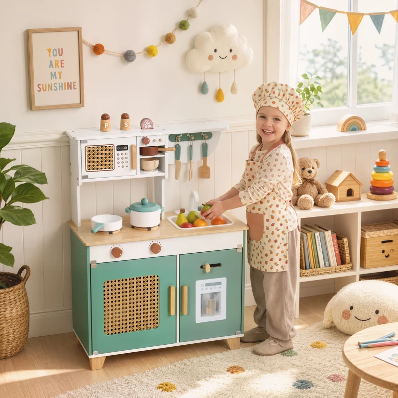 AIYAPLAY Cucina Giocattolo per Bambini in Legno con Accessori, Fornelli, Macchina del Caffè, Armadietto, 3-6 Anni, Verde