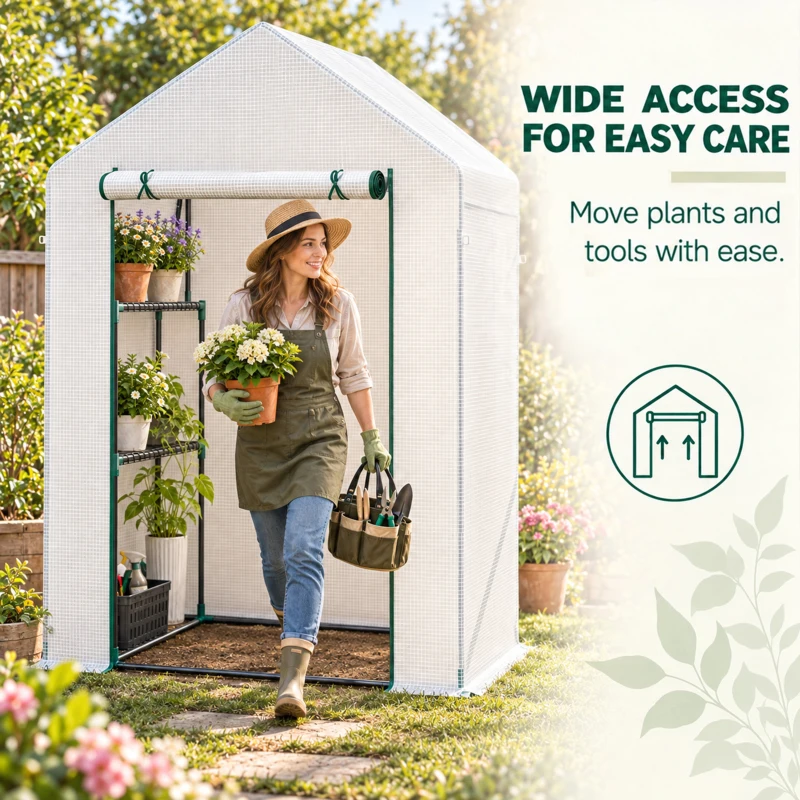 Outsunny Walk In Greenhouse with 2 Tier Shelf, Portable Gardening Plant Grow House Tomato Greenhouse with Roll up Zip Panel Door, Reinforced PE Cover, 143 x 73 x 195cm, Green