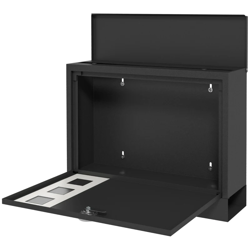 HOMCOM Buzón Exterior de Metal de Pared Correo Cerradura y 2 Llaves Ventanas de Vista Cierre Silencioso 36,5x11,5x29 cm Negro