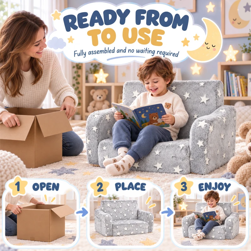 AIYAPLAY Canapé enfant 2 en 1, fauteuil pour enfant avec étoiles phosphorescentes, dépliable en méridienne, gris