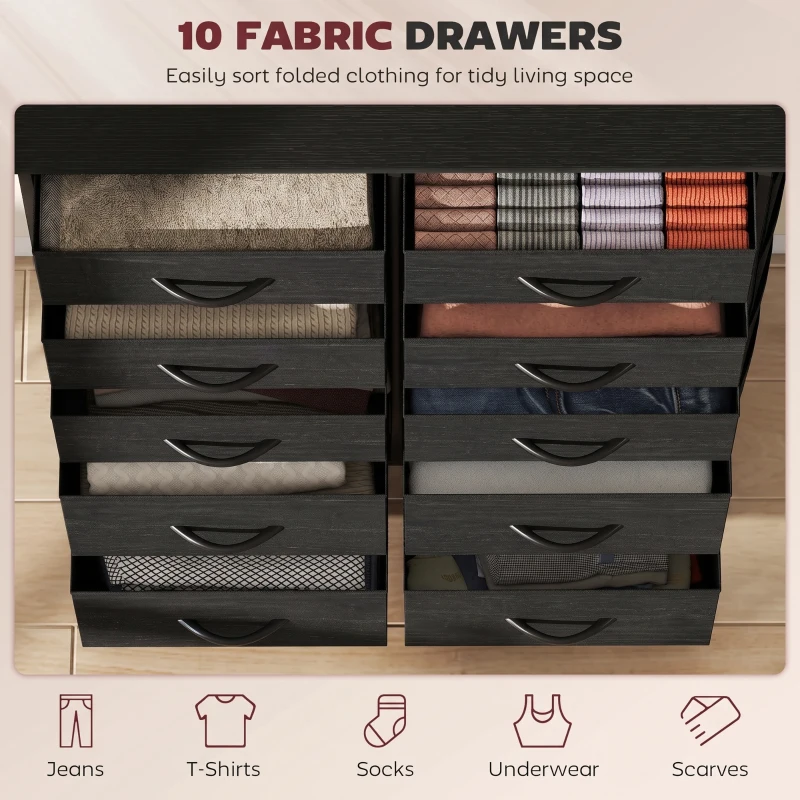 HOMCOM Chest of Drawers, Dresser with 10 Fabric Drawers, Tall Storage Unit with 4 Pockets and 2 Hooks Steel Frame, Black