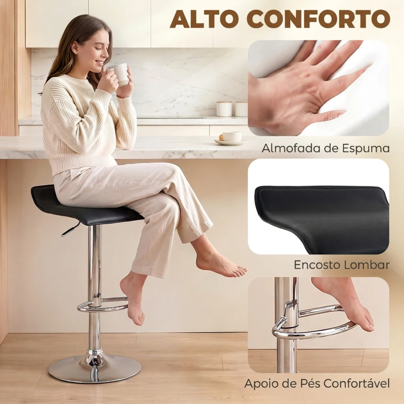 HOMCOM Conjunto de 2 Bancos de Bar Giratórios Bancos Altos de Cozinha com Altura Ajustável 62-83 cm com Encosto e Apoio para os Pés Preto
