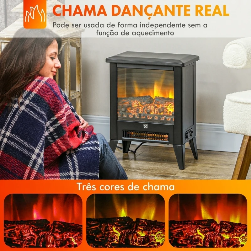 HOMCOM Lareira Decorativa Independente 1800 W com Efeito de Chama LED Baixo Ruído e Proteção contra Sobreaquecimento Preto