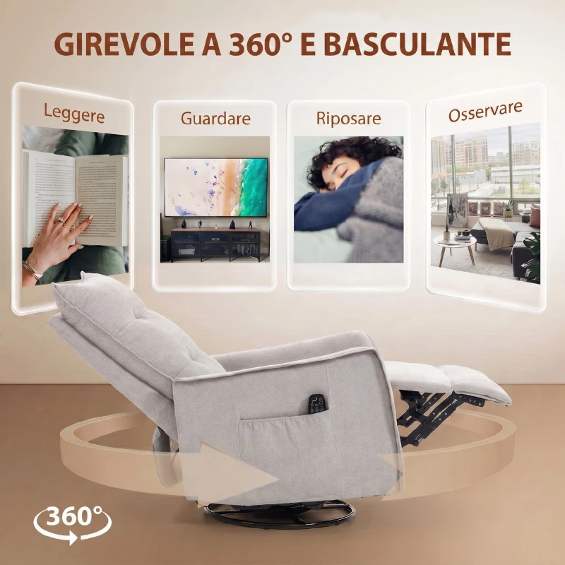 HOMCOM Poltrona Relax Massaggiante e Reclinabile con Telecomando e Poggiapiedi, 71x93x99 cm, in Ciniglia Grigio Chiaro