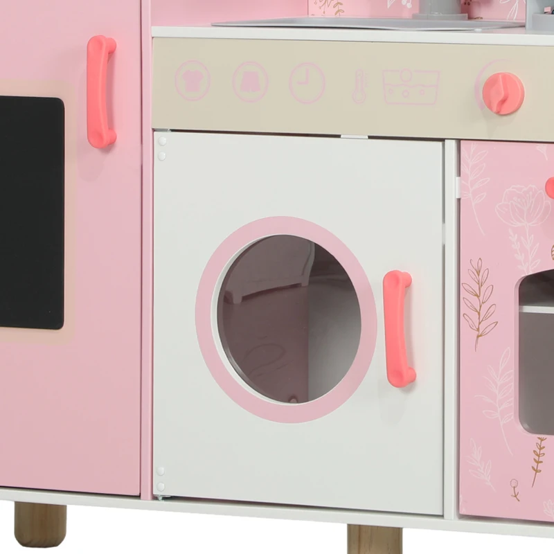AIYAPLAY Play Kitchen, Kids Kitchen Set with Lights and Sounds, Double Stoves, Ice Maker, Chalkboard for 3+ Years, Pink