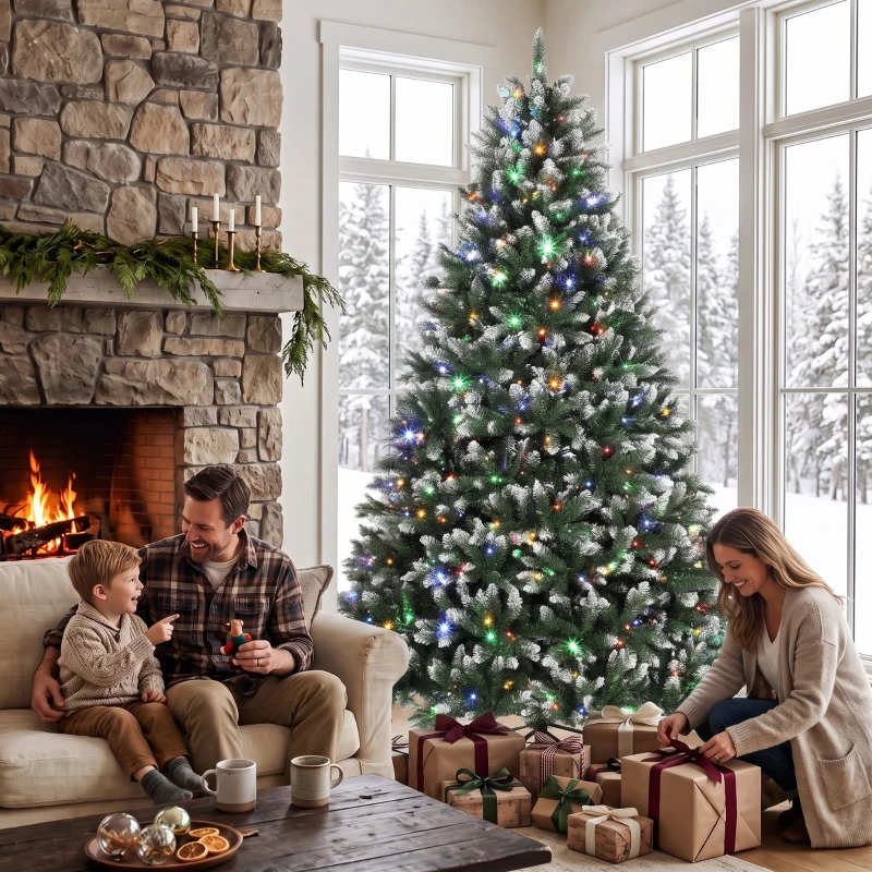 HOMCOM Árbol de Navidad 220 cm con 400 Luces LED 11 Modos Mando a Distancia 1378 Puntas Base Metálica Plegable Verde