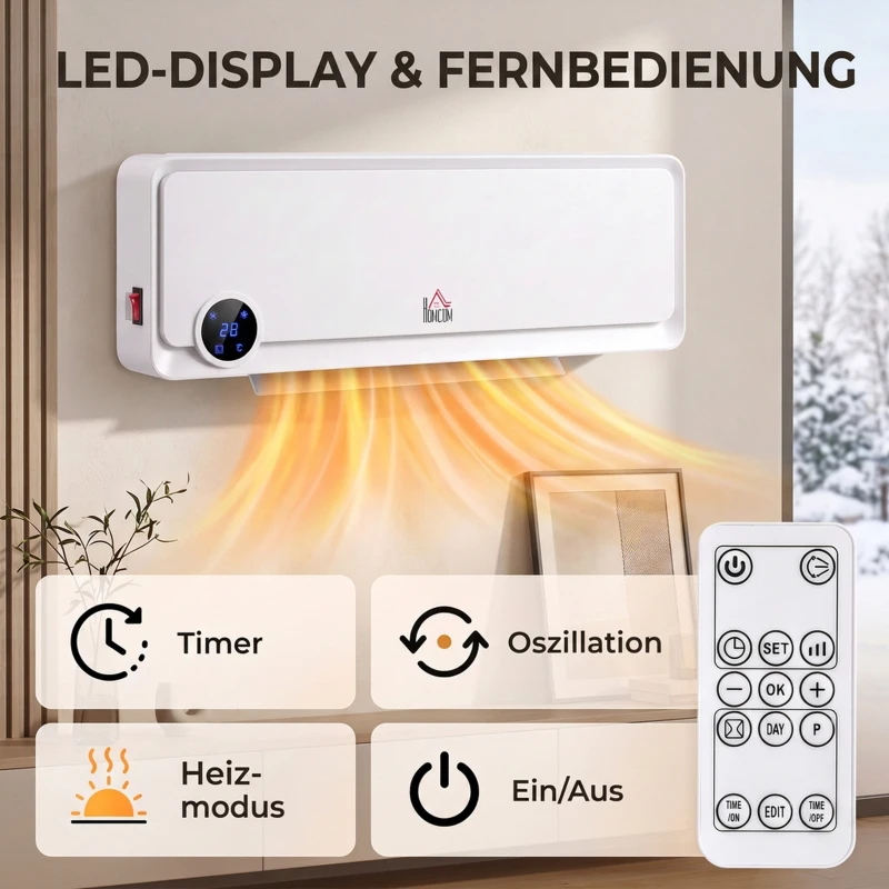 HOMCOM Wandverwarming 2000W met afstandsbediening, 3 standen, led-display, 12u timer