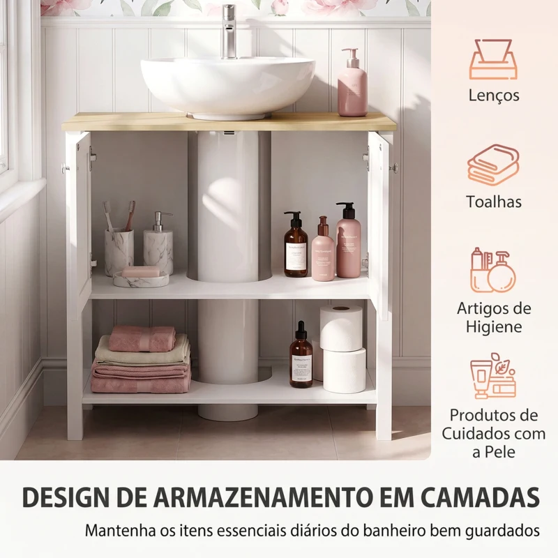 HOMCOM Móvel Inferior para Lavatório com Prateleira Aberta e 2 Portas, para Lavatório com ou sem Coluna, 80 x 40 x 80 cm, Branco