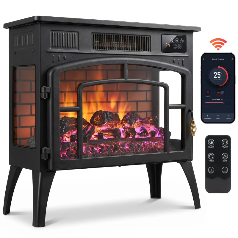 HOMCOM Chimenea Eléctrica 1000/2000 W con Efecto Llama 3 Vistas Termostato Wifi 5 Colores Temporizador 12h Negro