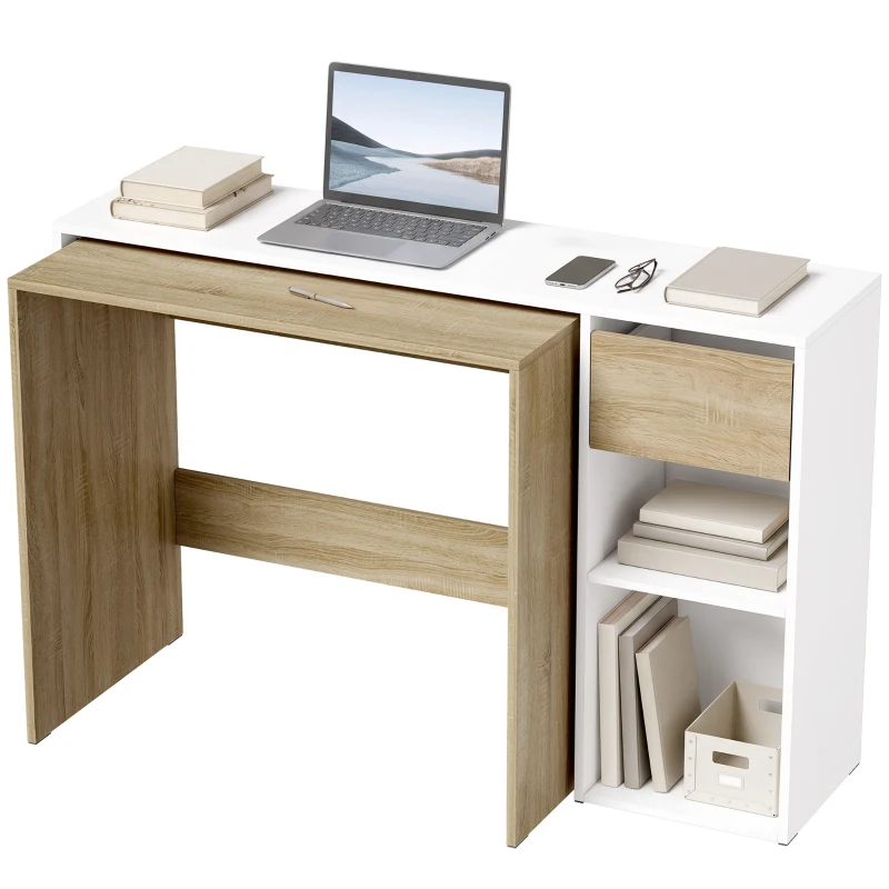 HOMCOM Set 2 birouri gigogne pentru calculator, 80/117 cm, cu sertar și etajere deschise, alb și stejar