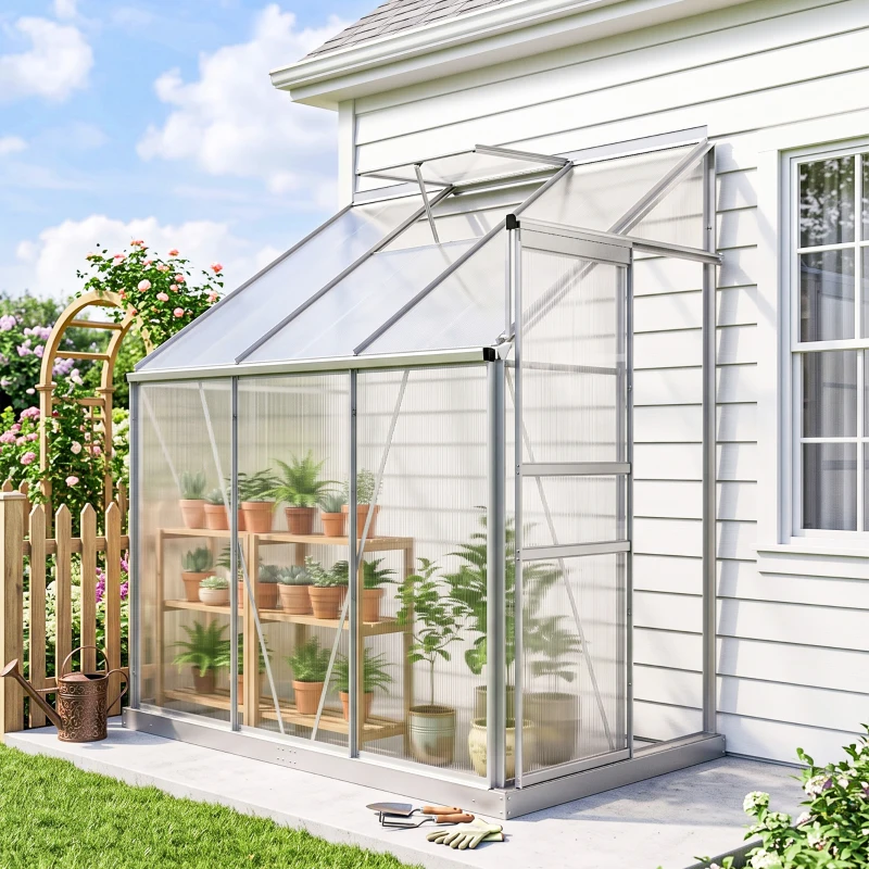 Outsunny 6 x 4ft Lean to Wall Polycarbonate Greenhouse Aluminium Walk-in Garden Greenhouse with Adjustable Roof Vent, Rain Gutter and Sliding Door, Clear