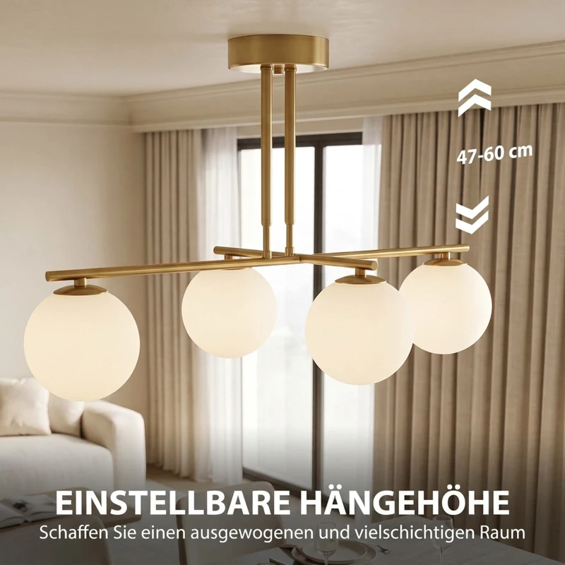 HOMCOM Moderne hanglamp met 4 bolkappen, in hoogte verstelbaar en 350° draaibaar, wit