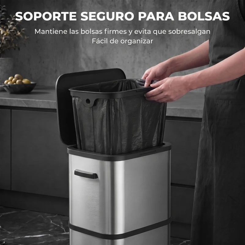 HOMCOM Cubo de Basura de Cocina de 60L de Acero Inoxidable con Sujetabolsas Tapa de Cierre Suave y Apertura Táctil Plata