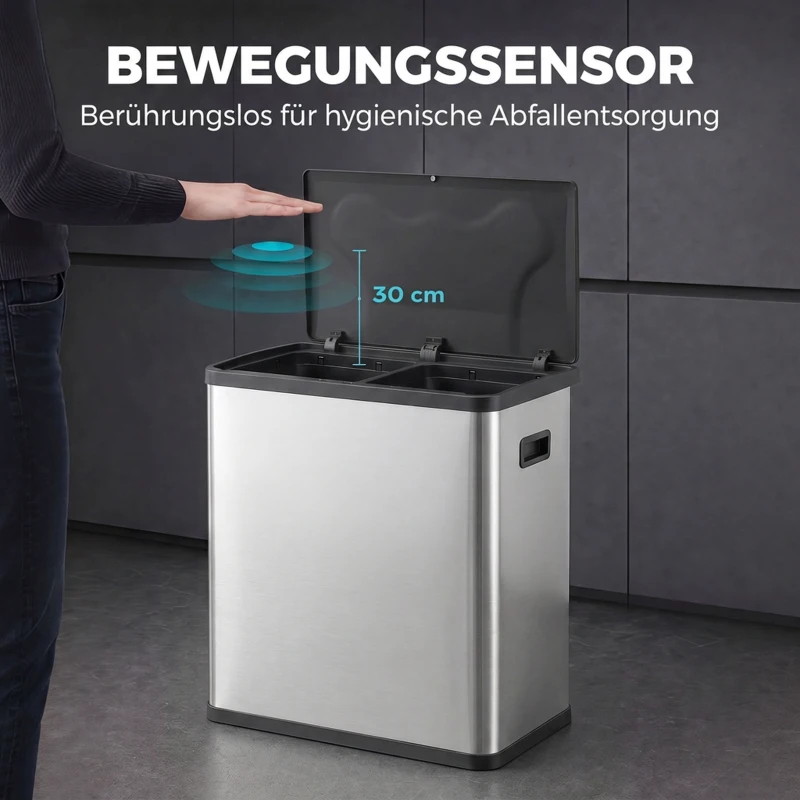 HOMCOM Automatischer Mülleimer mit Infrarot-Bewegungssensor und Mülltrennsystem Deckel 60L Silber