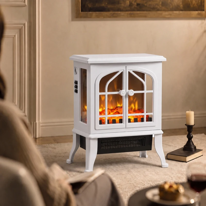 HOMCOM Chimenea Eléctrica de Pie  900/1800W Efecto Llama 3D Termostato Ajustable Ventanas Visibles para 15-30 ㎡ Blanco