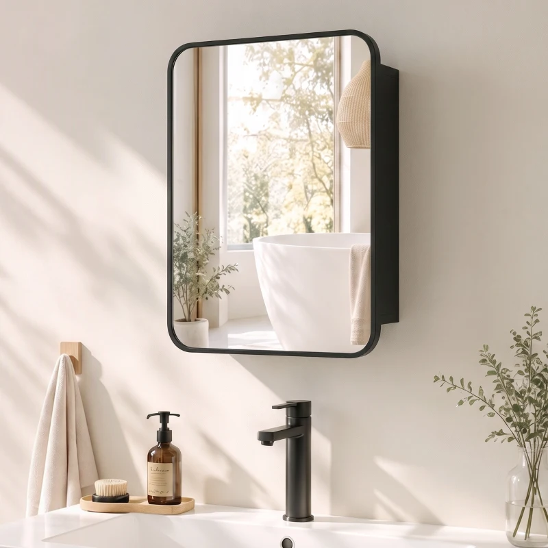 HOMCOM Bathroom Medicine Mirror Cabinet, Bathroom Wall Cabinet with Storage, Magnetic Door and Adjustable Shelf, Black