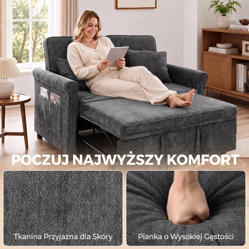 HOMCOM Sofá-cama 2 Lugares 3 em 1 com Encosto Ajustável em 5 Posições, Bolsos Laterais e 2 Almofadas, Cinzento