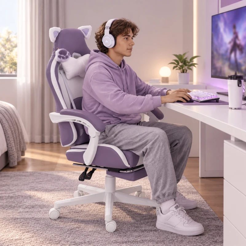 HOMCOM Sedia da Gaming Ergonomica con Orecchie da Gatto, Poggiapiedi, Supporto Lombare e Cervicale, Viola