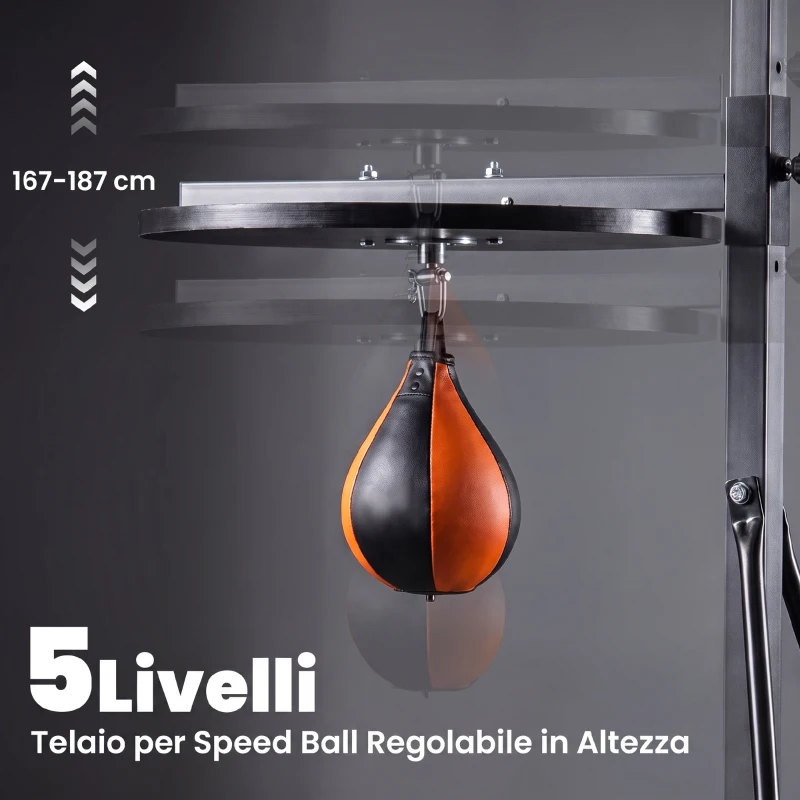 HOMCOM Stazione Multiuso Regolabile con Sacco da Boxe 20kg e Punching Ball per Allenamento Pugilato