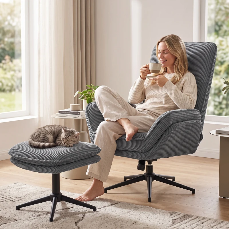 HOMCOM Relaxsessel mit 130° Liegefunktion, Fernsehsessel mit Hocker und Stahlrahmen, Grau