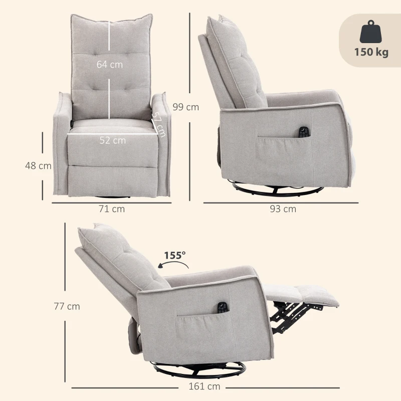 HOMCOM Poltrona Relax Massaggiante e Reclinabile con Telecomando e Poggiapiedi, 71x93x99 cm, in Ciniglia Grigio Chiaro