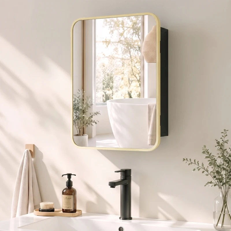 HOMCOM Bathroom Medicine Mirror Cabinet, Bathroom Wall Cabinet w/ Storage, Magnetic Door, Adjustable Shelf, Natural Wood Finish