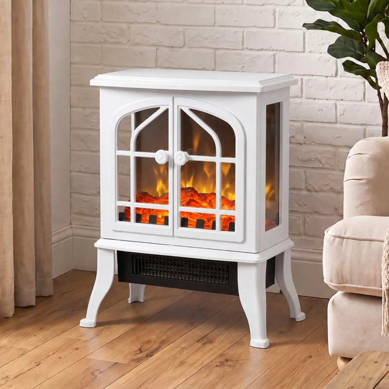 HOMCOM Chimenea Eléctrica de Pie  900/1800W Efecto Llama 3D Termostato Ajustable Ventanas Visibles para 15-30 ㎡ Blanco