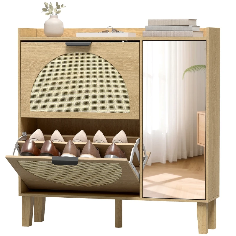 HOMCOM Pantofar Îngust Boem cu Oglindă 2 Uși din Ratan Dulap 10 Perechi Rafturi Reglabile 94,5x24x96,5 cm Stejar
