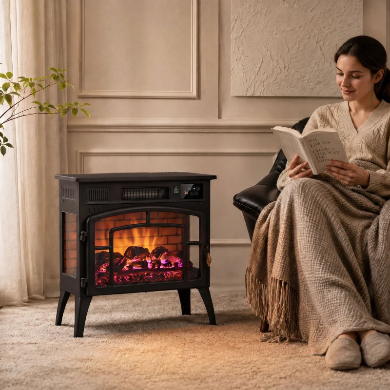 HOMCOM Chimenea Eléctrica 1000/2000 W con Efecto Llama 3 Vistas Termostato Wifi 5 Colores Temporizador 12h Negro