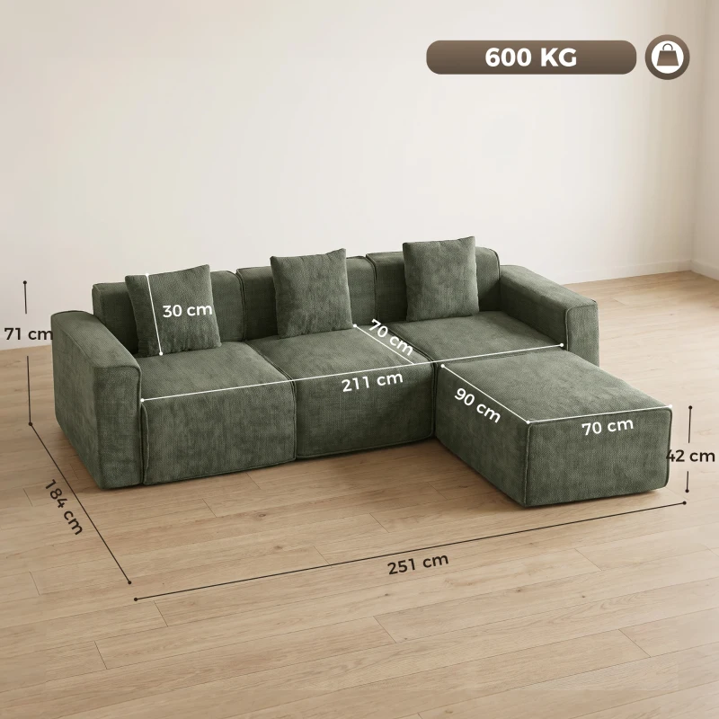 HOMCOM Canapea 3 locuri cu pouf reversibil, canapea colțar modulară din chenille, șezut lat, 251 x 184 x 71cm, verde