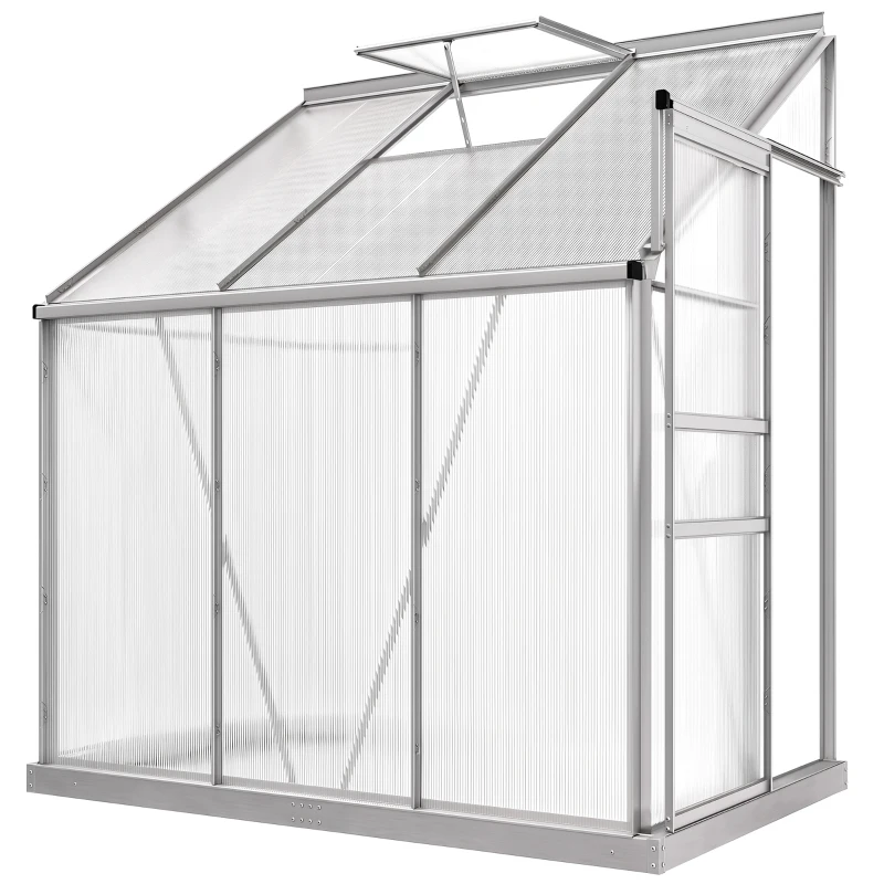 Outsunny 6 x 4ft Lean to Wall Polycarbonate Greenhouse Aluminium Walk-in Garden Greenhouse with Adjustable Roof Vent, Rain Gutter and Sliding Door, Clear