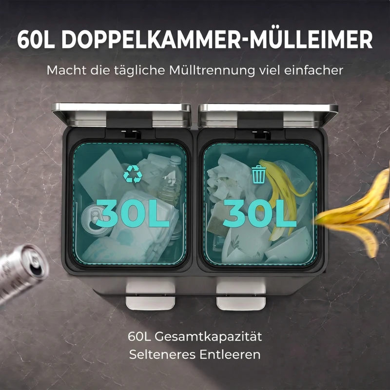 HOMCOM 2 x 30 L Küchenmülleimer, Edelstahl-Treteimer mit herausnehmbaren Inneneimern und Soft-Close-Deckeln, silber