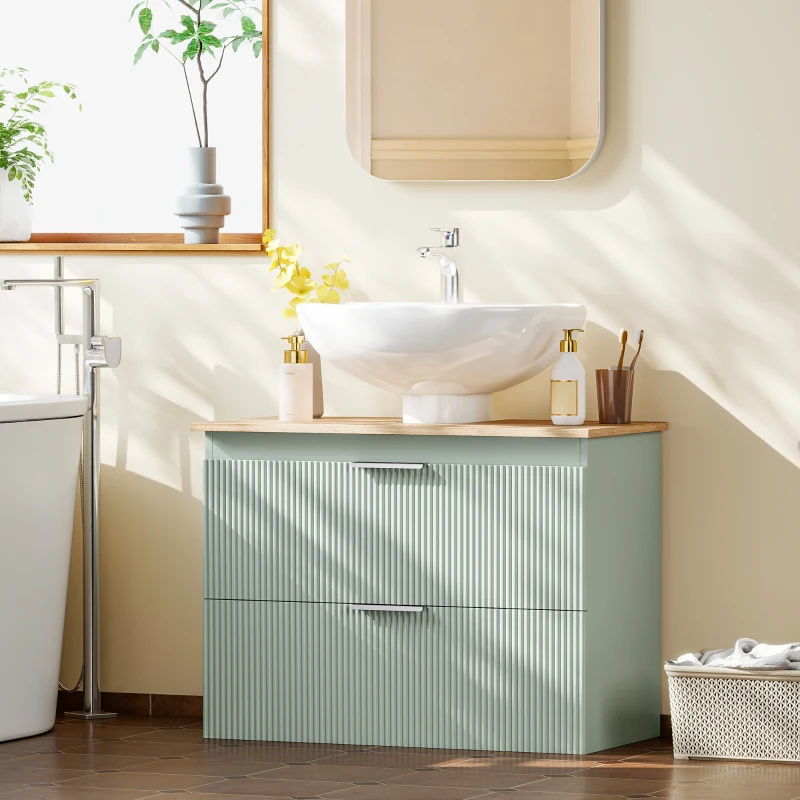 HOMCOM Under Sink Cabinet with 2 Drawers, Under Sink Bathroom Cabinet for Sink with or without Pedestal, Green and Natural Wood
